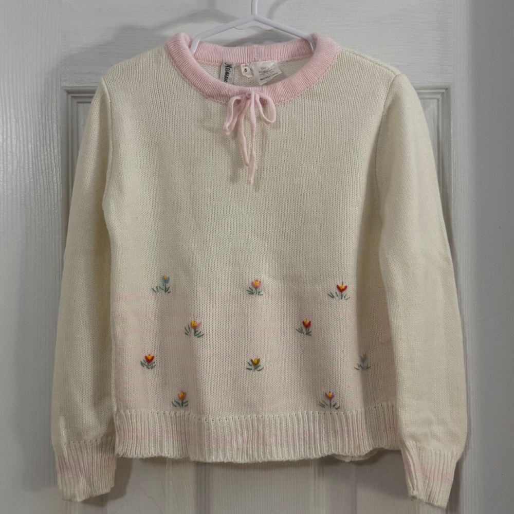Vintage Neiman Marcus Baby Girl Cream & Pink Sweater with Embroidered Flowers